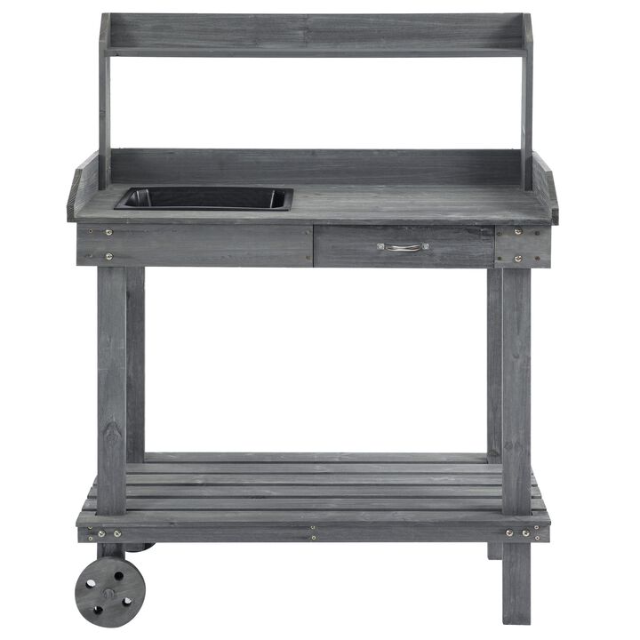 Gray Mobile Garden Aid: Potting Bench with Wheels, Sink, and Storage