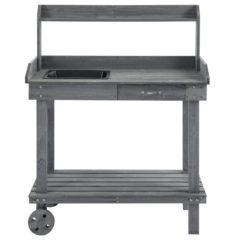 Gray Mobile Garden Aid: Potting Bench with Wheels, Sink, and Storage