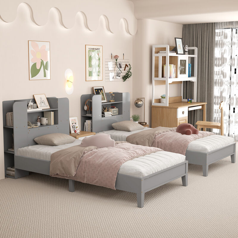 Wooden Platform Bed Frame with Bookcase Headboard
