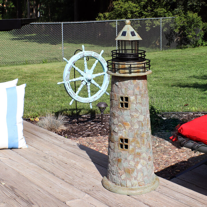 Sunnydaze 25 in Resin and Cobblestone Solar LED Lighthouse Nautical Statue