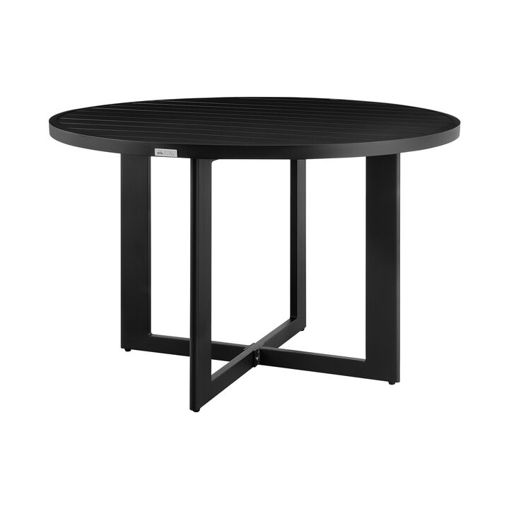 Ollie 48 Inch Patio Dining Table, Aluminum Frame and Round Tabletop, Black-Benzara