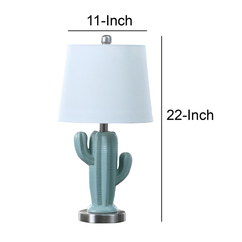 22 Inch Accent Table Lamp, Cactus Designed Body, Metal Base, Blue, White-Benzara