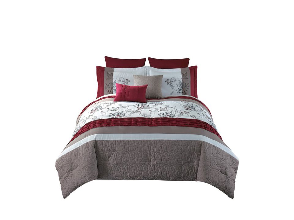 8 Piece King Polyester Comforter Set with Floral Print, Multicolor - Benzara