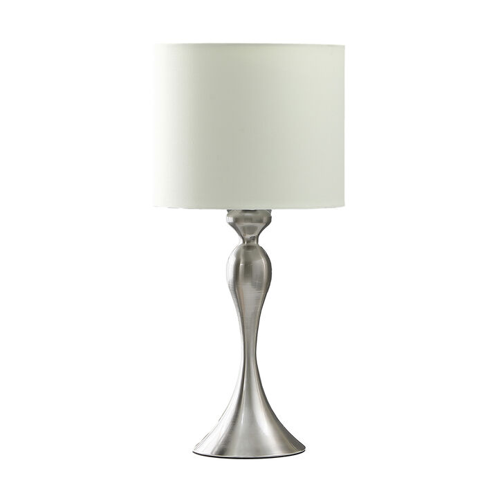 Omi 25 Inch Table Lamp, Drum White Shade, Sleek Modern Brushed Silver Body - Benzara