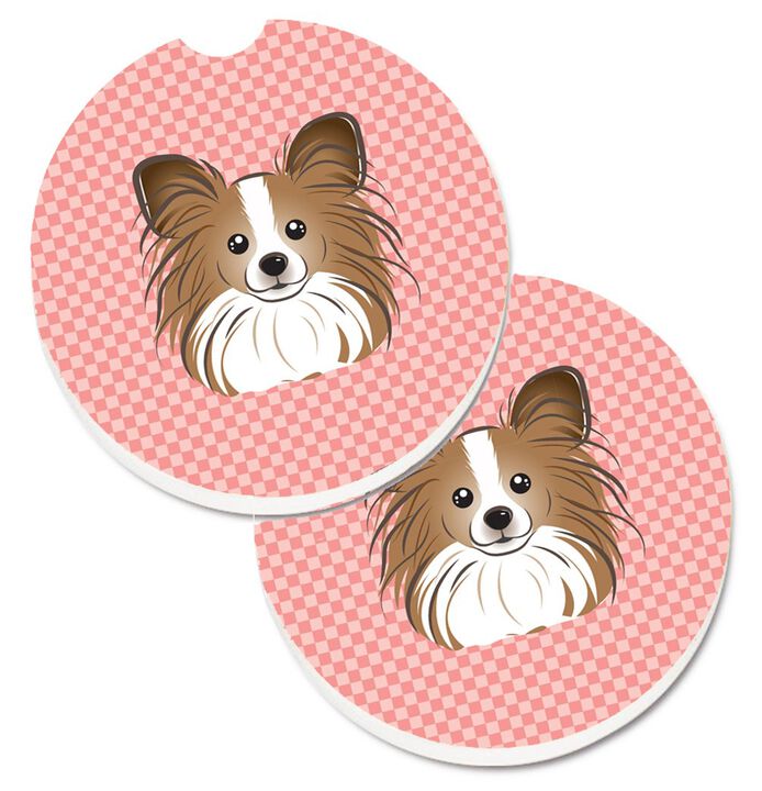 Caroline's Treasures Checkerboard Pink Papillon Set of 2 Cup Holder Car Coasters BB1248CARC, 2.56, Multicolor