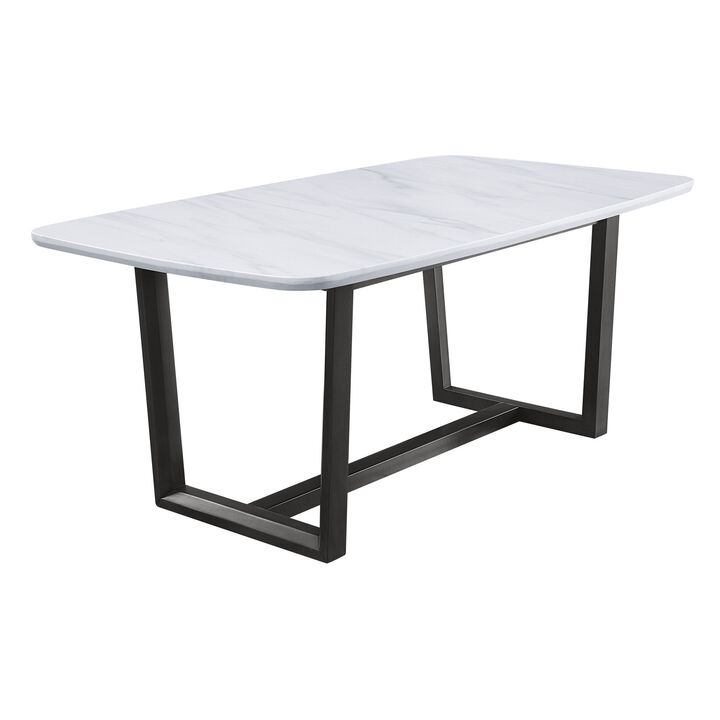 Dining Table with Marble Top and Trestle Base, Gray - Benzara