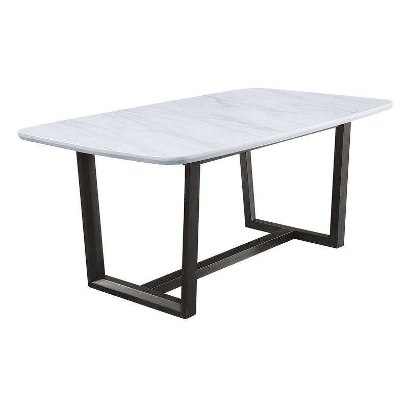 Dining Table with Marble Top and Trestle Base, Gray - Benzara
