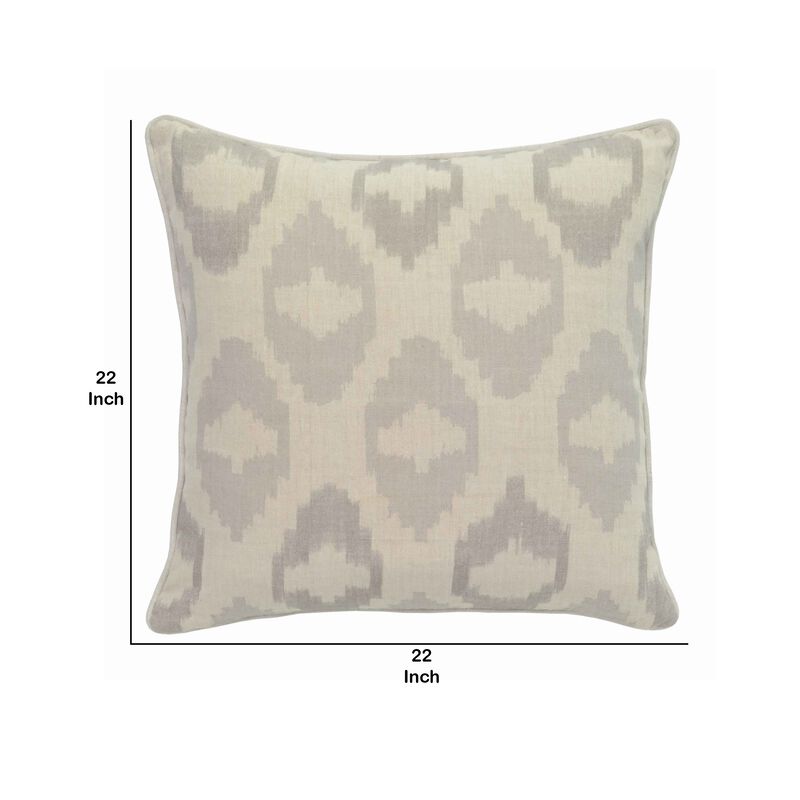 Square Fabric Throw Pillow with Metallic Embroidered Details,Gray and Beige-Benzara