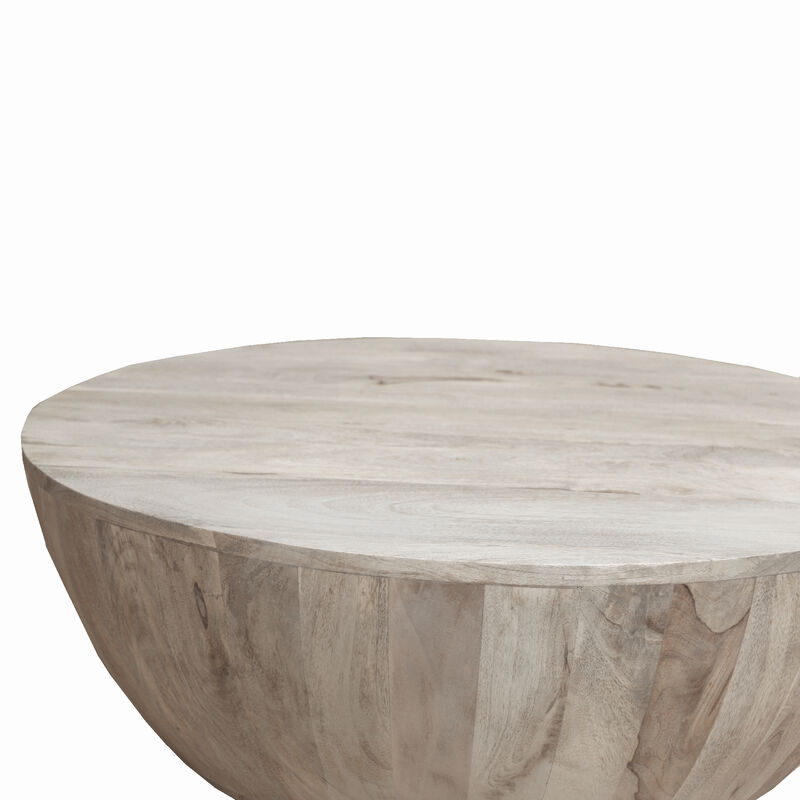 Arthur 35.5 Inch Round Mango Wood Coffee Table, Subtle Grains, Distressed White - Benzara