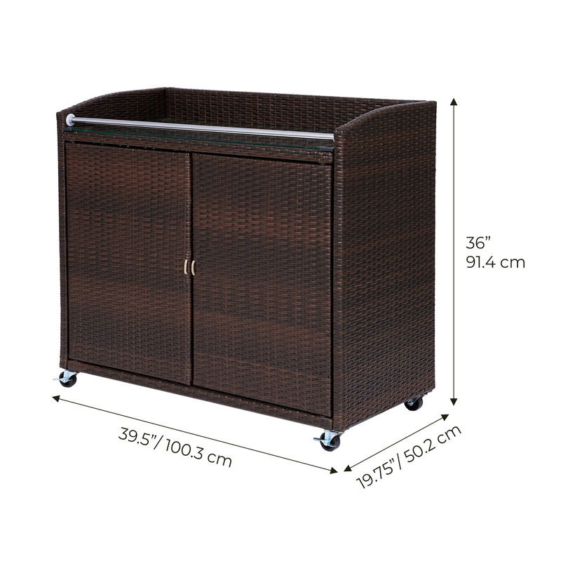 Teamson Home - PE Rattan Bar Serving Cart Cabinet with Safe Locking Caster Wheels, Brown