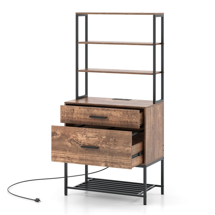 Freestanding File Cabinet with Charging Station and 3-Tier Open Shelves