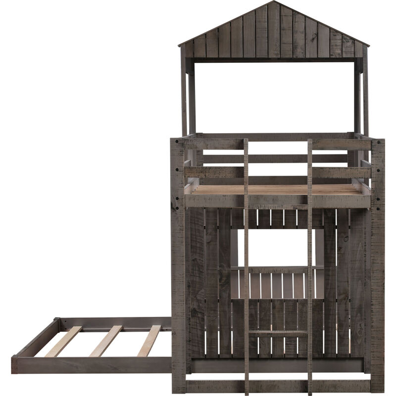 Wooden Twin Over Full Bunk Bed, Loft Bed With Playhouse, Farmhouse, Ladder And Guardrails
