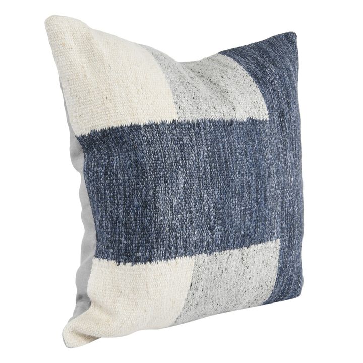 22 Inch Square Accent Throw Pillow, Color Block Pattern, Blue, Gray, White-Benzara