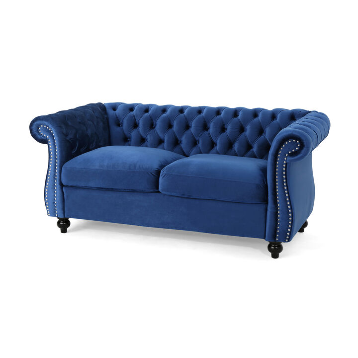 Bernie Loveseat 62 Inch Sofa, Nailhead Trim, Solid Wood, Blue Tufted Fabric - Benzara