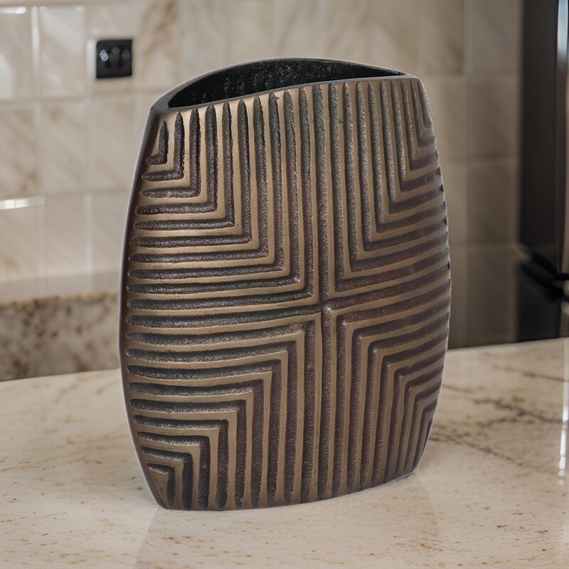 Ako 10 Inch Vase, Modern, Ribbed Body Design, Curved Top, Antique Brass - Benzara