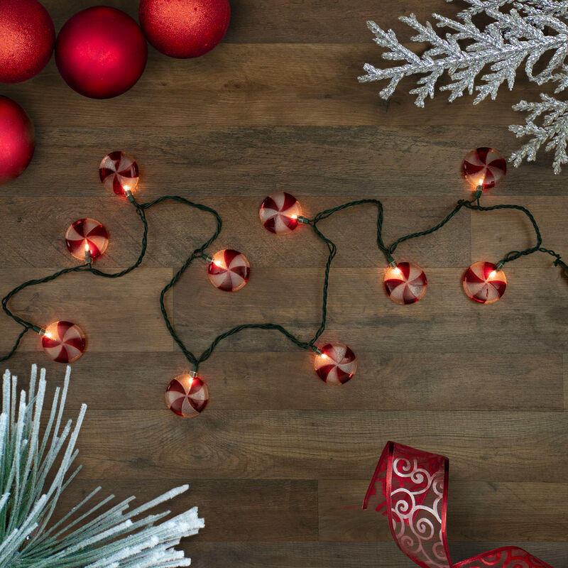 10 Count Peppermint Candy Christmas Light Set  6ft Green Wire