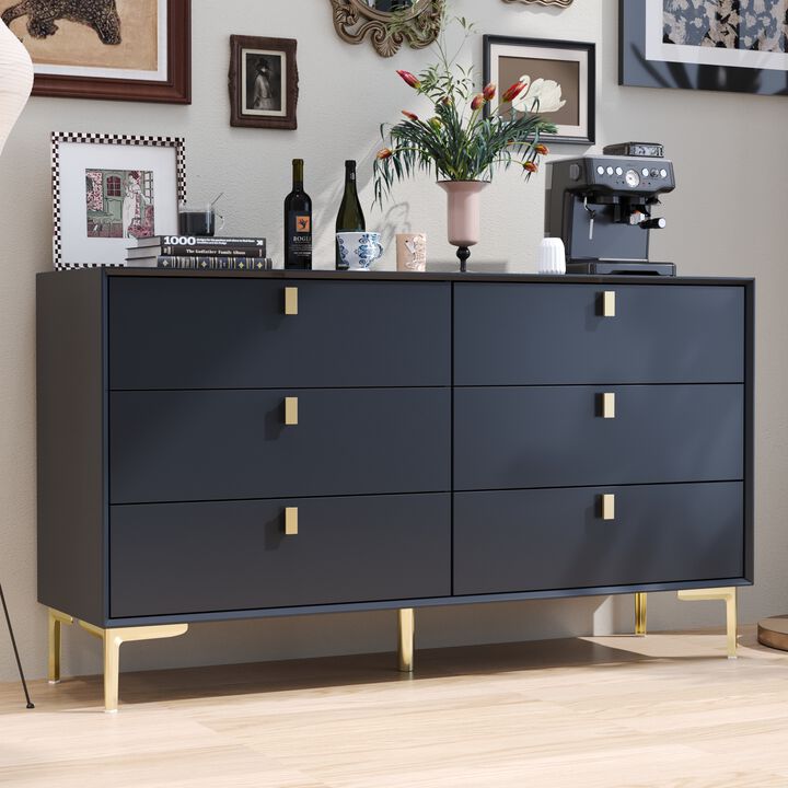 White 6-Drawers 55.1 in. Width Classic Wooden Chest of Drawers, Dresser, Storage Cabinet with Golden Legs and Handles