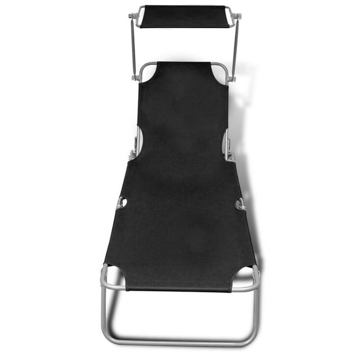 Outdoor Foldable Sun Chaise Lounger with Canopy, 74 Inch Steel, Black - Benzara