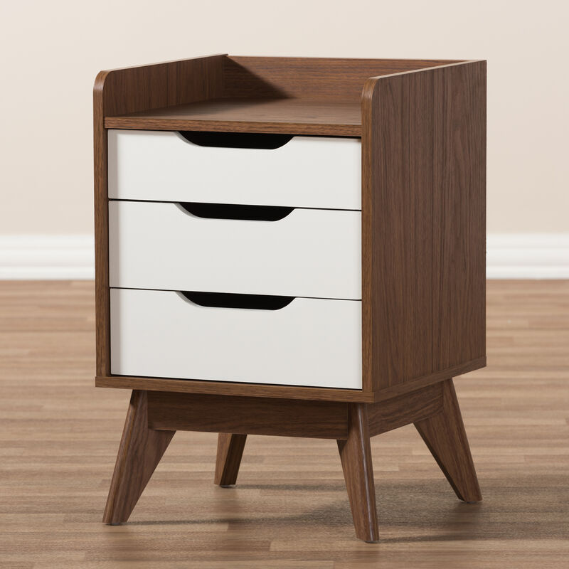 Baxton Studio Brighton Mid Century Modern White And Walnut Wood 3 Drawer Storage Nightstand