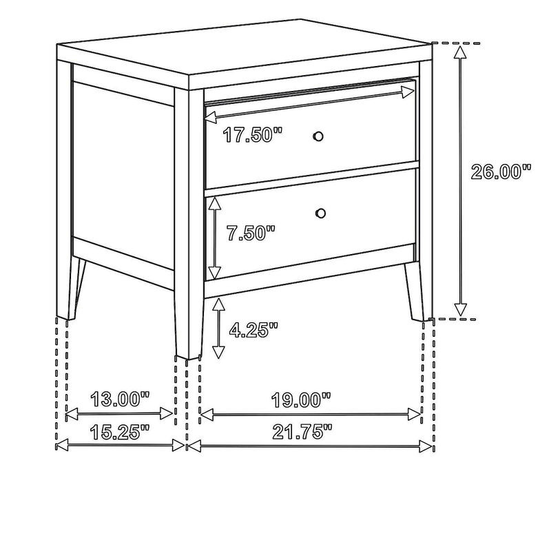 Wily Nightstand, Dark Brown Wood, 2 Drawers with Round Nickel Knobs - Benzara