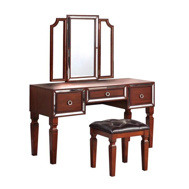 Thuy 60 Inch Vanity Desk Set, Upholstered Stool, Trifold Mirror, Brown-Benzara