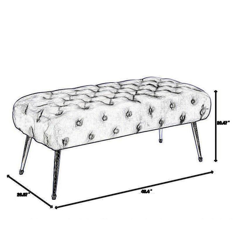 Rey 48 Inch Accent Bench, Tufted Gray Velvet Upholstery Padded Seat, Chrome - Benzara