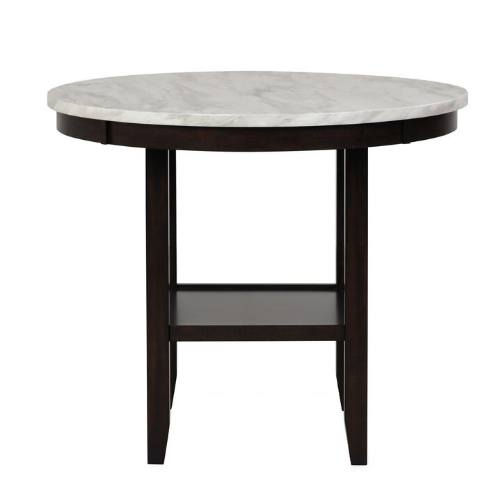 Kate 42 Inch Round Counter Table, Faux Marble Top, White, Espresso-Benzara