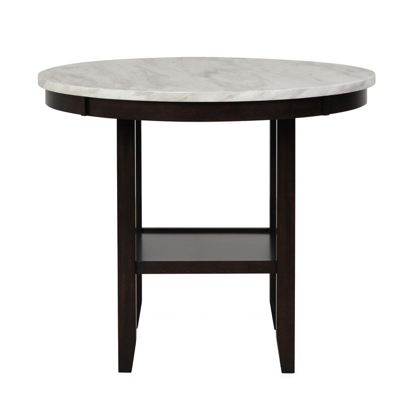Kate 42 Inch Round Counter Table, Faux Marble Top, White, Espresso-Benzara