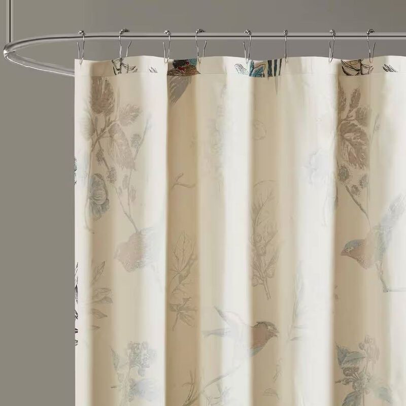 Nature-Inspired Cotton Shower Curtain – Vintage Birds & Leaves Pattern, Eco-Friendly Fabric