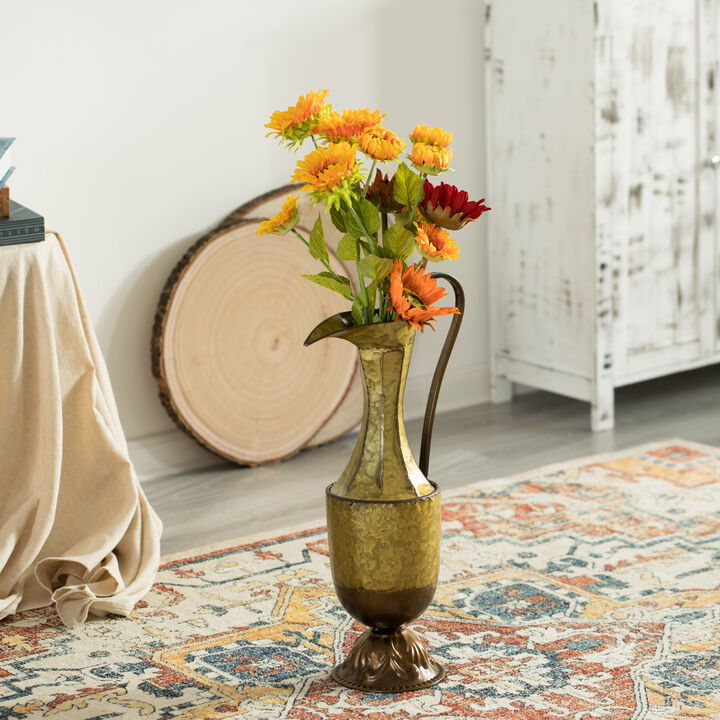 Decorative Antique Style 1 Handle Metal Jug Floor Vase - 20.75 in Tall Vintage Inspired Rustic Design for Entryway, Living Room, or Dining Room - Ideal for Flower Arrangements, Greenery