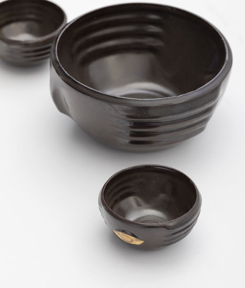 CHICHA Decorative Ceramic Bowls in Dark Green Glaze with Gold Luster Details, Set of 3, by ANDEAN, In Stock