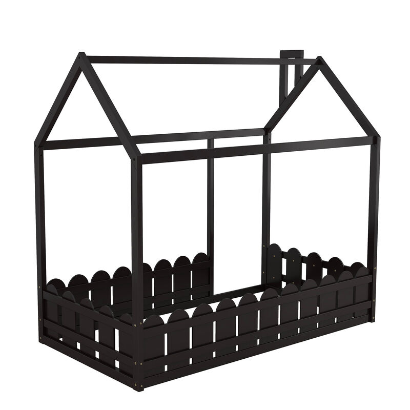 Merax Wood Bed House Bed Frame with Fence
