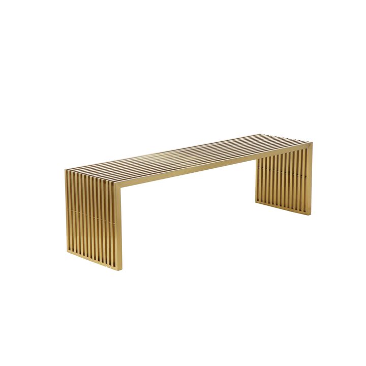 Niki 55 Inch Accent Bench, Slatted, Rectangular, Luxurious Brushed Gold - Benzara