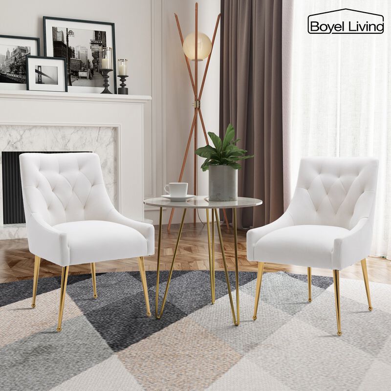 White Tufted Velvet Golden Legs Chair with Pullg Handle and Adjustable Foot Nails(Set of 2)