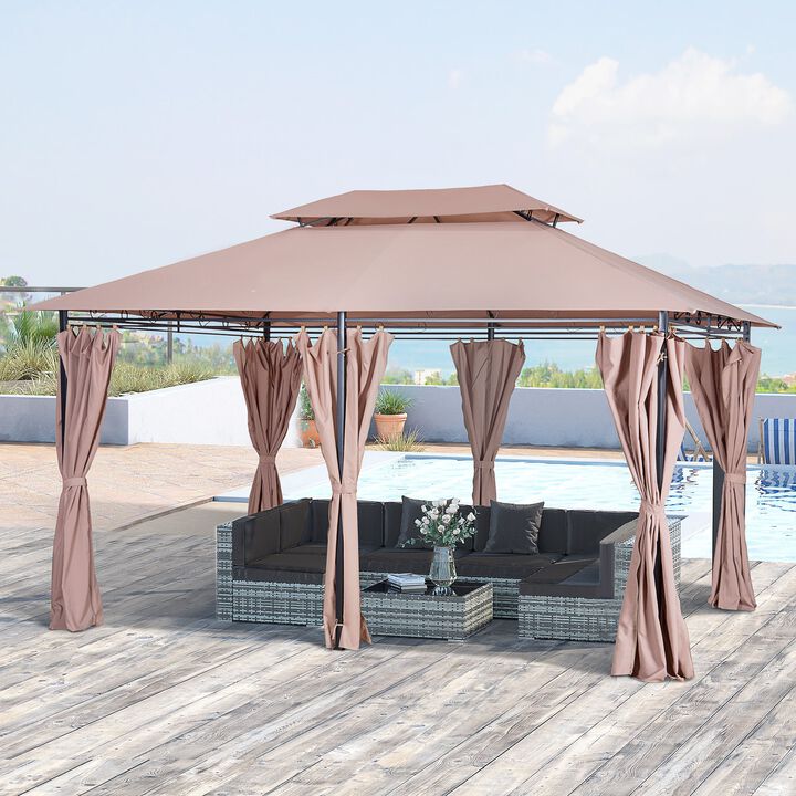 Khaki Outdoor Oasis: 10x13 Gazebo with Curtains & Vented Steel Frame
