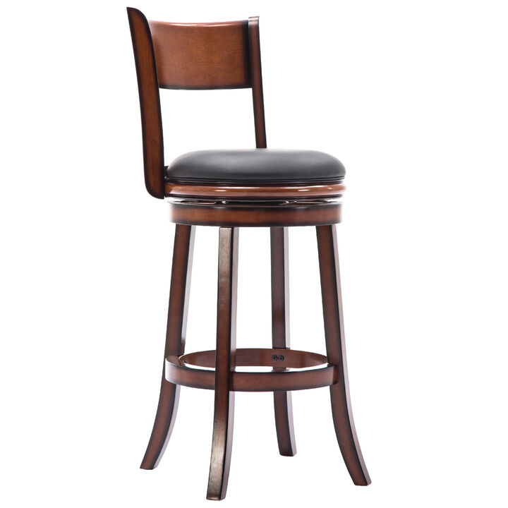 Pal 29 Inch Swivel Bar Stool, Solid Wood, Rich Bonded Leather, Brown-Benzara