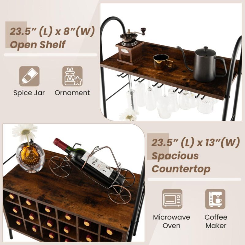 Hivvago Baker's Rack with Detachable Wine Rack and 5 Rows of Stemware Holder-Rustic Brown