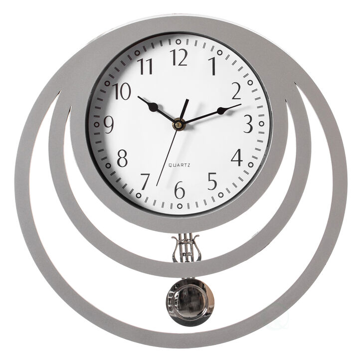 Decorative Modern Unique Round Plastic Wall Clock with Circles, for Living Room, Kitchen, or Dining Room, Silver