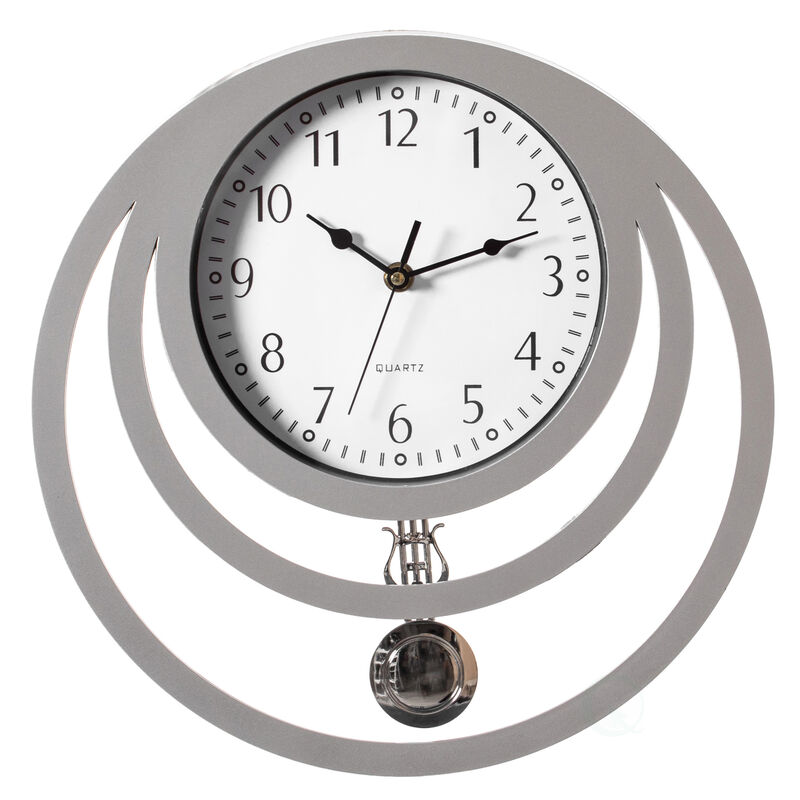 Decorative Modern Unique Round Plastic Wall Clock with Circles, for Living Room, Kitchen, or Dining Room, Silver