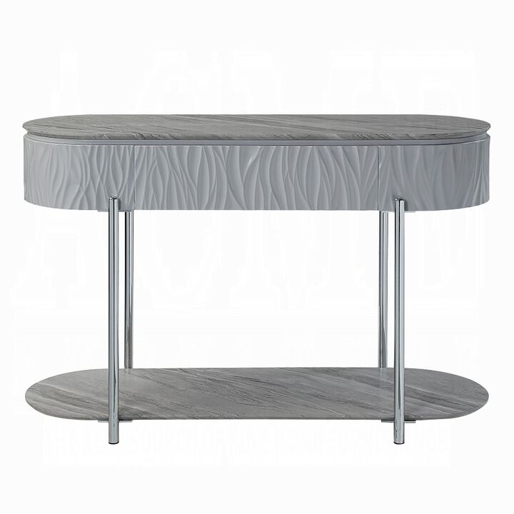 Doug Sofa Table, Gray High Gloss Wood, Drawers, Chrome Metal, 47 Inch - Benzara