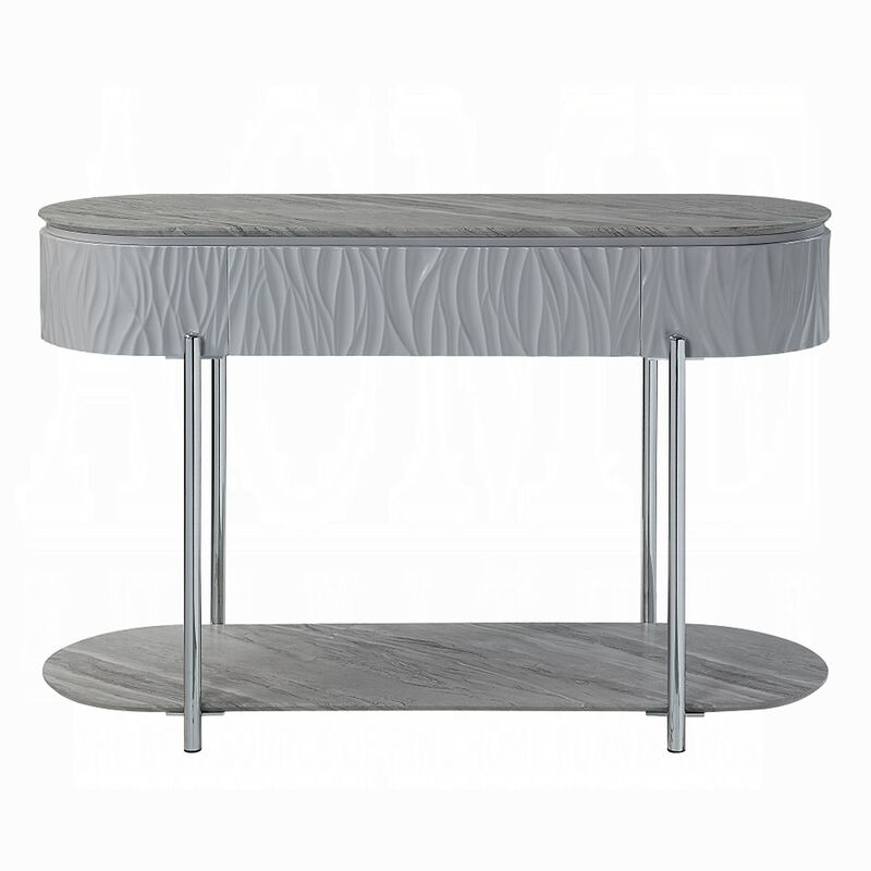 Doug Sofa Table, Gray High Gloss Wood, Drawers, Chrome Metal, 47 Inch - Benzara