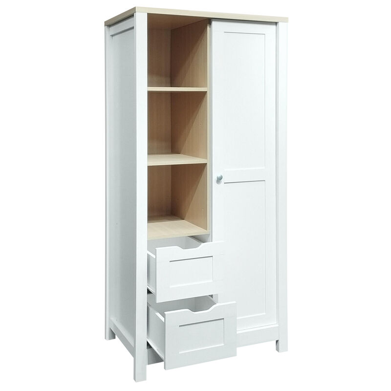 Bedroom Storage Wardrobe Closet with Hanging Rods, 2 Drawers, and Open Shelves for Organization