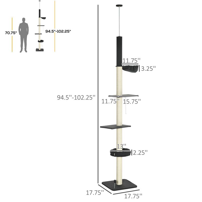 Black/Cream Cat Tower: 5-Tier Adjustable Climbing Tree 95"-106"