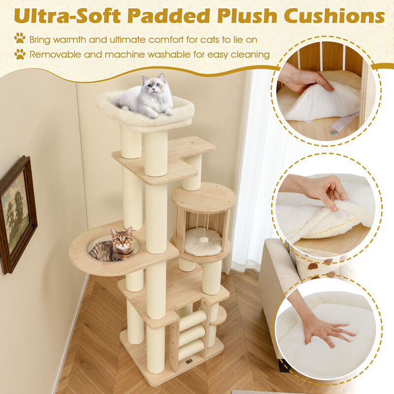 Tall Cat Tree Wooden Cat Tower with Cozy Perch Condo Space Capsule