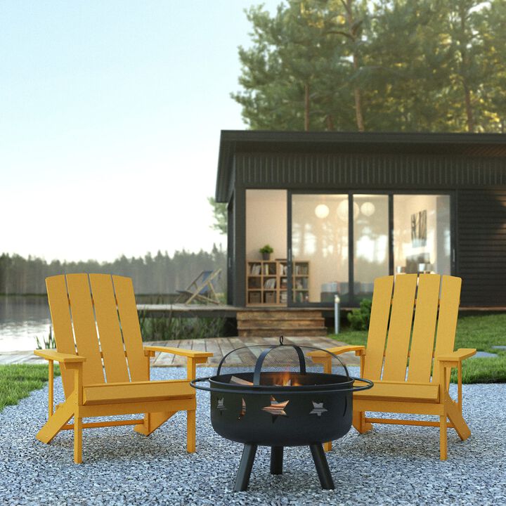 Flash Furniture 3 Piece Charlestown Adirondack Chair Set with Fire Pit - 2 Yellow Poly Resin Wood Chairs - Star and Moon Fire Pit with Mesh Cover