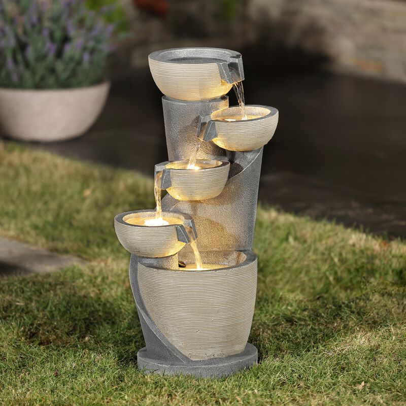 LuxenHome Gray Cascading Bowls and Column Resin Outdoor Fountain with LED Lights