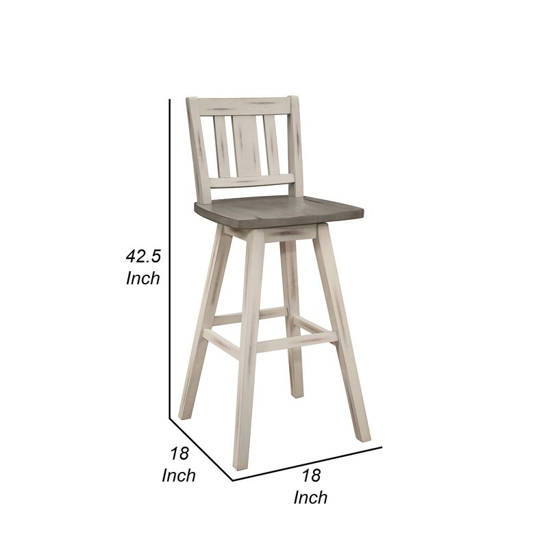 Ati 29 Inch Bar Height Stool Swivel Chairs Set of 2, Vertical Slat Back, Gray, White - Benzara
