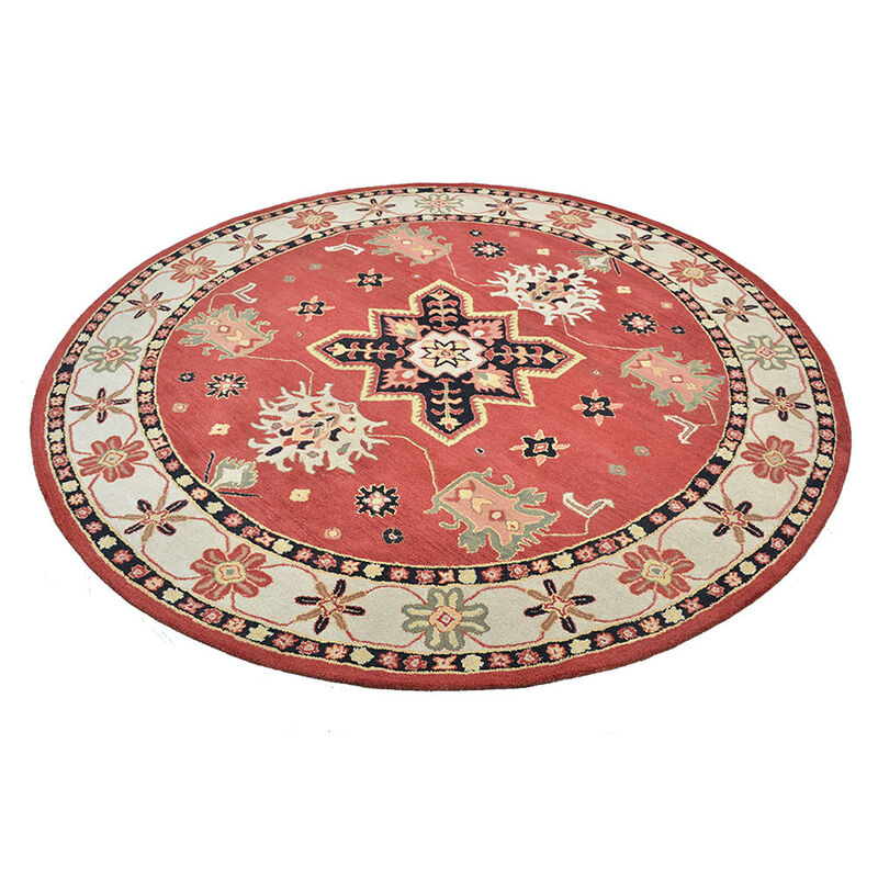 RUGSOTIC CARPETS HAND TUFTED WOOL ECO-FRIENDLY AREA RUGS  - 10'x10', Round Shape, Red & Cream, Classic Oriental Traditional  Design, High Pile Thick Handmade Anti Skid Area Rugs (K00535)