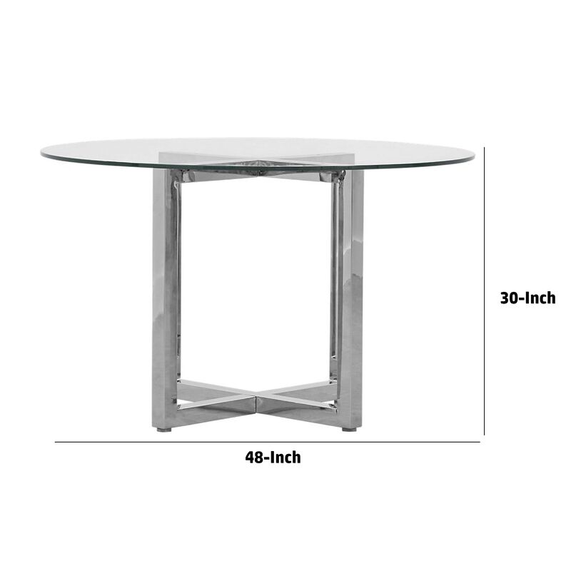 Eun 48 Inch Round Dining Table with Clear Glass Top, Cross Base, Chrome - Benzara