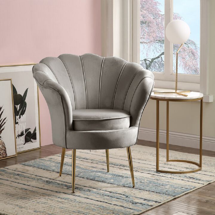 Velvet Scalloped Back Barrel Accent Chair with Metal Legs in Gray